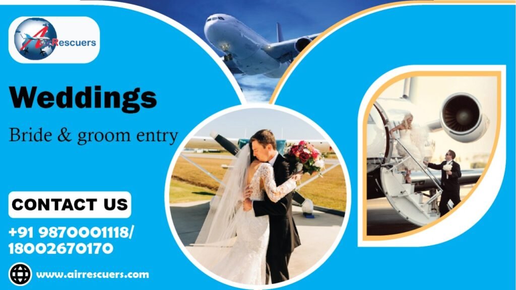 Wedding bride and groom entry by air rescuers